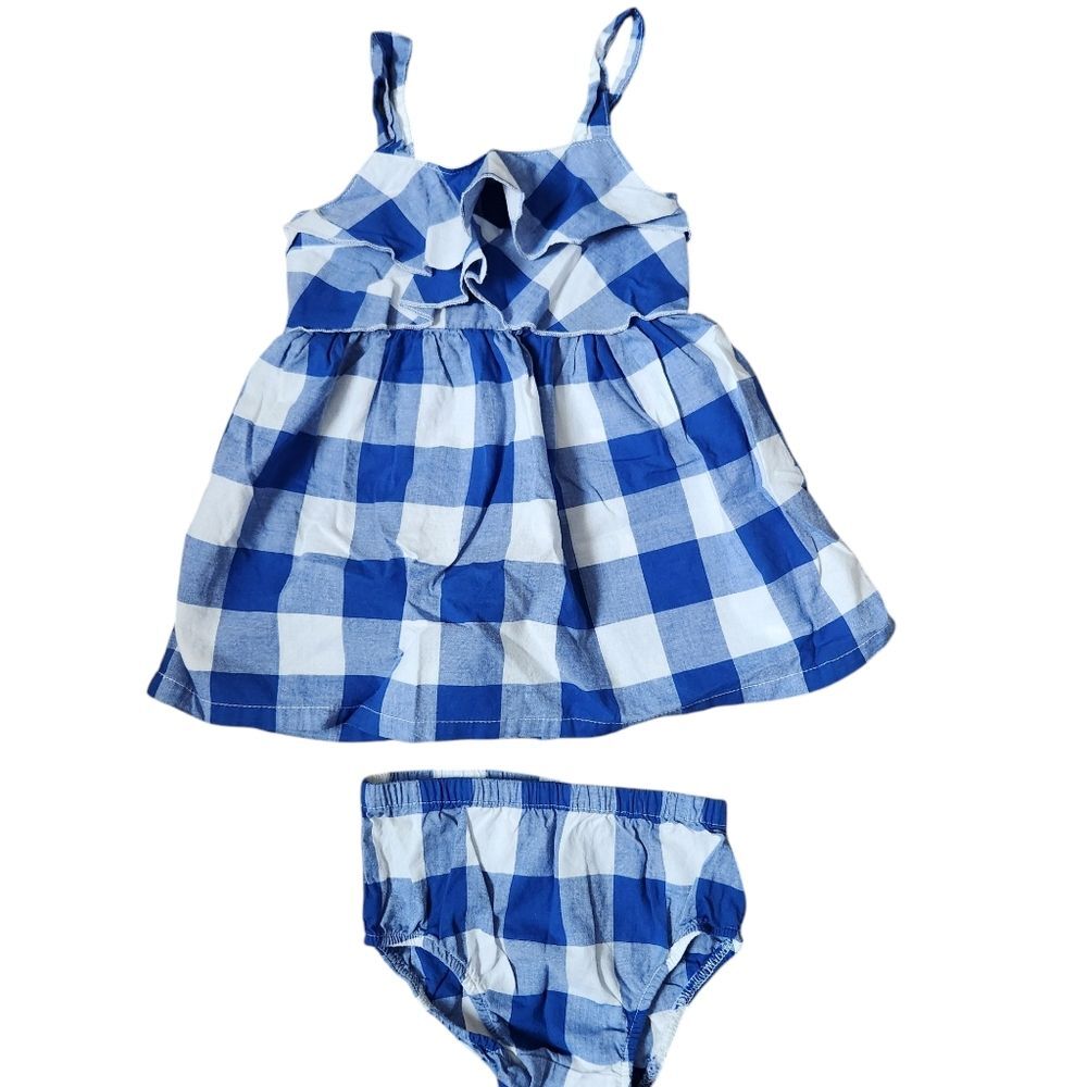 Carter's Baby Girl's Plaid Check Ruffle Dress Size 12 Months Blue & White